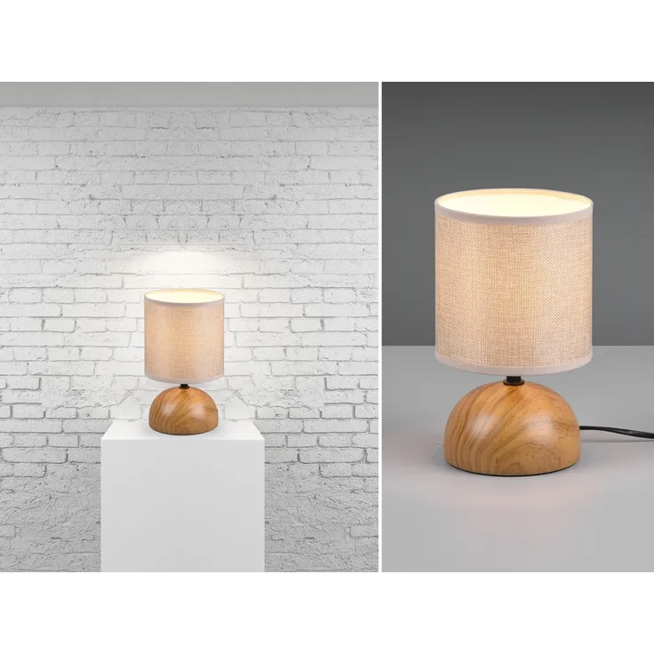 Kleine Tischleuchte LUCI mit Keramikfuß Holzoptik & Stoffschirm, Höhe 23cm
