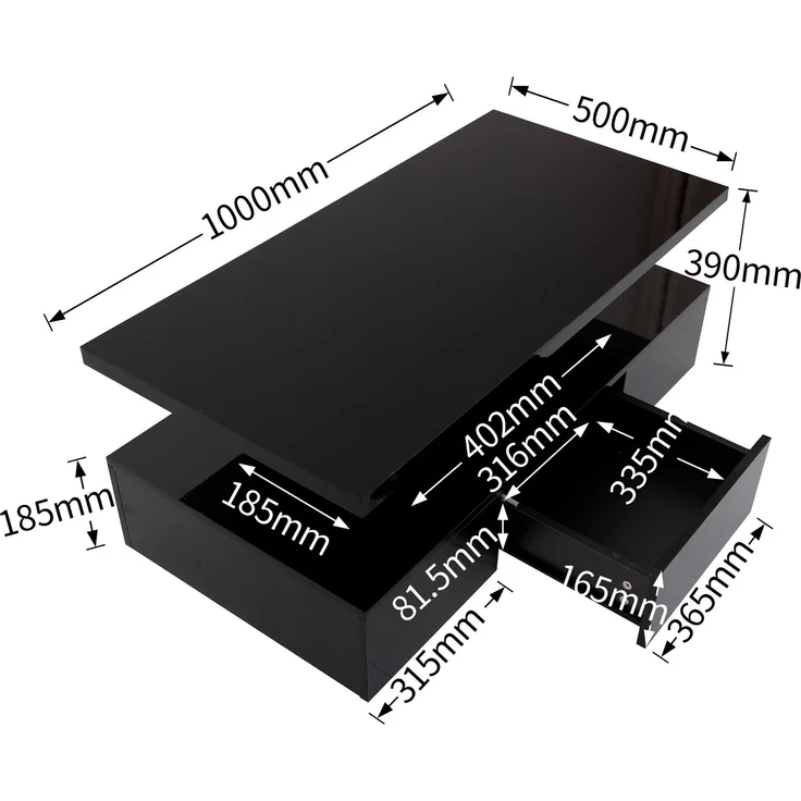 Merax Couchtisch, Tisch mit Schubladen, Hochglanzlackierung, Beistelltisch mit zwei Ablageebenen. Mit LED-Licht, Schwarz – Bild 4