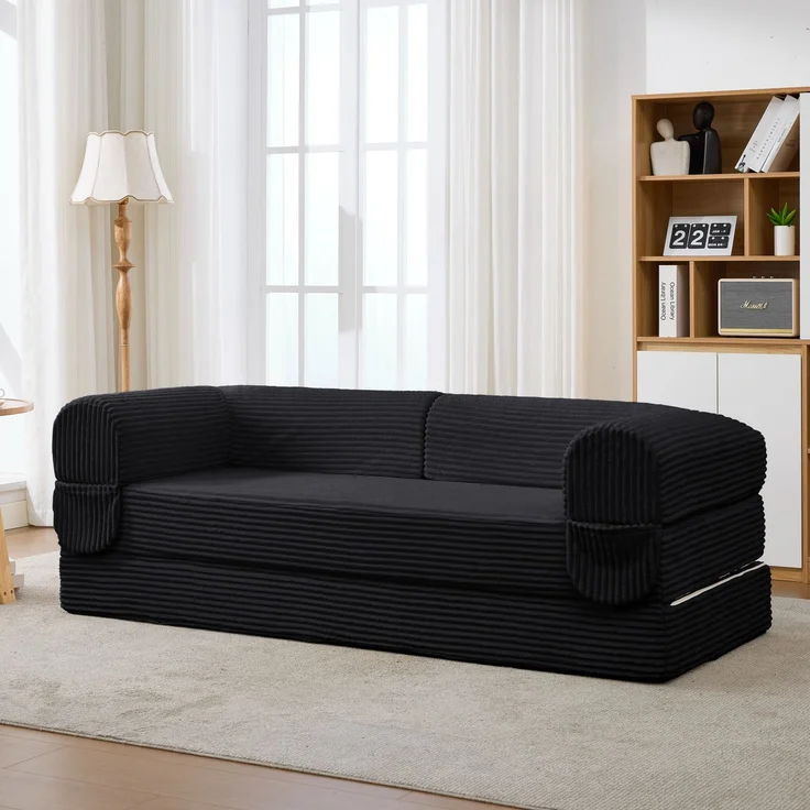 LVHOM Modulares Sofa 2 Sitzer, Schlafsofa mit Seitentaschen, Klappsofa mit Schlaffunktion, kein Aufbau erforderlich, Cord, Schwarz – Bild 8