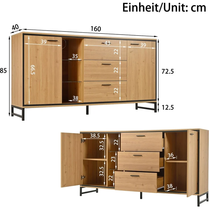 Sideboard modern mit LED Lichteffekt, 160 x 40 x 85 cm,Aufbewahrungsschrank mit 16 Farben, verstellbaren Regalen & Eisenfüßen – Bild 10