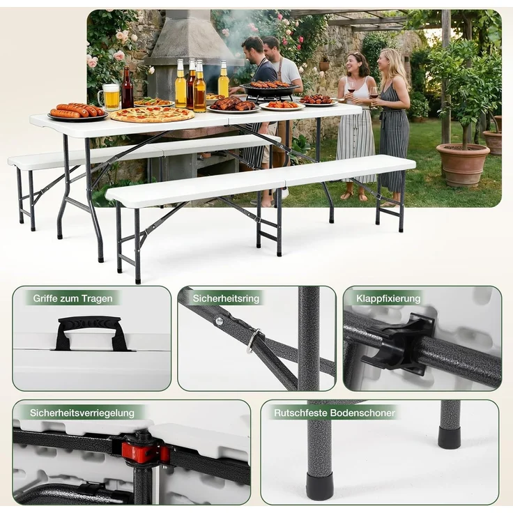 Sekey 180cm Bierzeltgarnitur Klappbar Kunststoff Festzeltgarnitur Gartenmöbel Biertisch Set Weiß – Bild 6