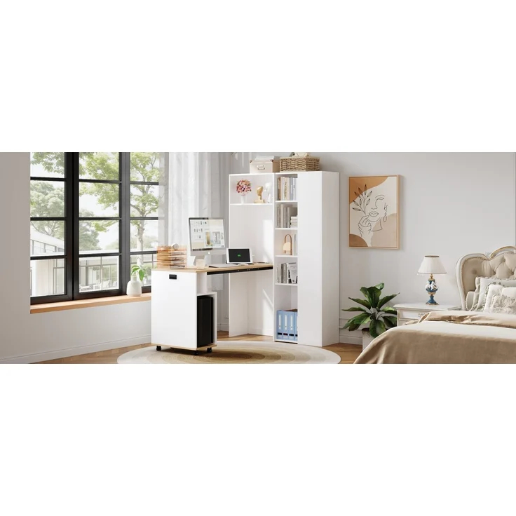 Klappbarer Schreibtisch 104,5 × 30,5 × 160 cm, 2-in-1 mit Bücherregal, EU-Steckdose & USB, 2 höhenverstellbaren Ablagen, PC-Fach, MDF, Weiß – Bild 21
