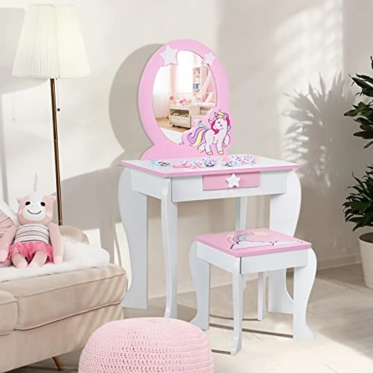 COSTWAY Kinder Schminktisch mit Hocker, rosa Frisierkommode, Prinzessin Frisiertisch mit Schublade & Abnehmbarer Spiegel, Schminkkommode für Mädchen von 3-7 Jahren (Weiß) – Bild 3