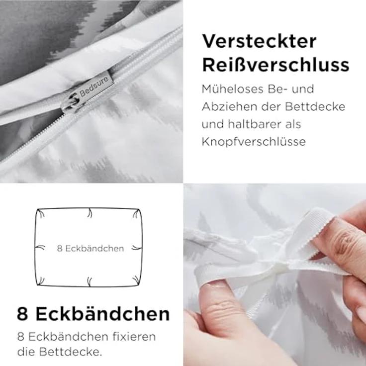 BEDSURE Bettwäsche 135x200 2teilig Bettbezug - Bettwäsche-Sets 135x200 cm mit Kissenbezug 80x80 cm, Weich Wendebettwäsche Bedding Gitter Grau Muster für Einzelbett mit Reißverschluss – Bild 7
