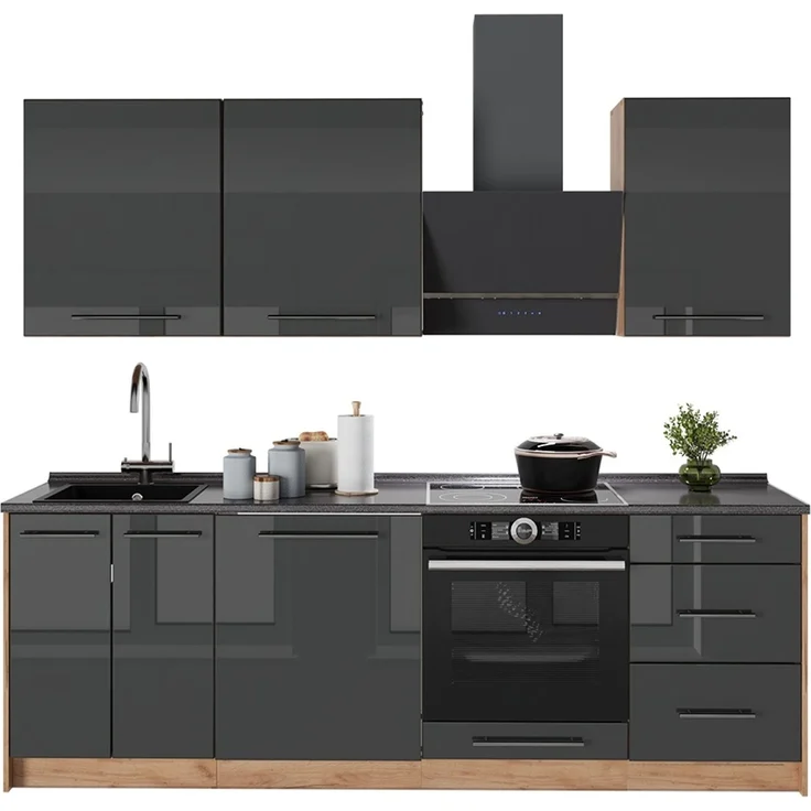 Küchenzeile Fame-Line Anthrazit Hochglanz/Goldkraft Eiche 230 cm, AP Eiche Vicco – Bild 5