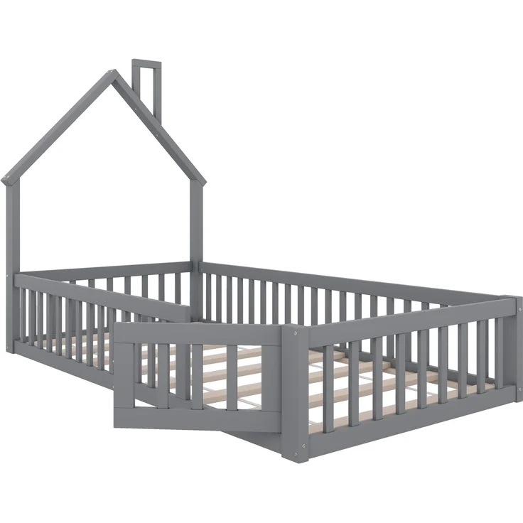 Kinderbett Hausbett 90x200 cm mit Schornsteinform, flaches Bett mit Lattenrost,Sicherheitsgitter für Sturzschutz, kreatives Design, Grau – Bild 8