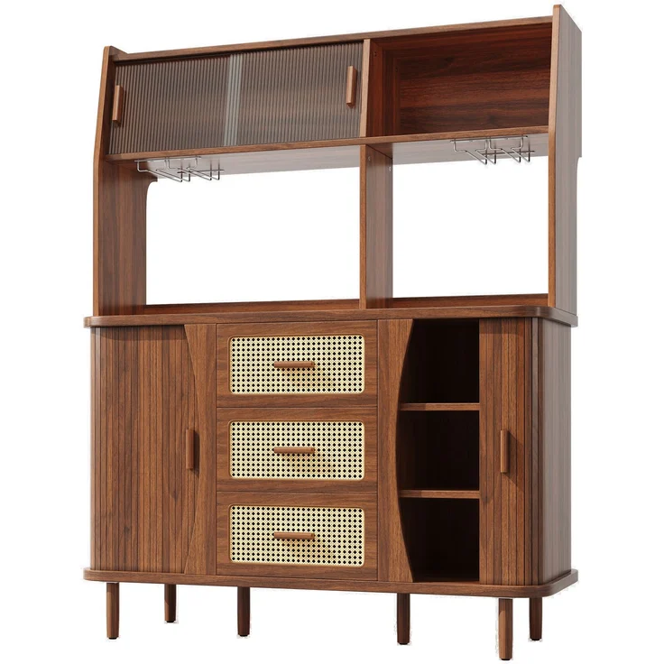 Hochwertiger Buffetschrank mit Rattanoptik & Glasschiebetüren, 174,5cm hoher Küchenschrank mit Stauraum, Naturholz-/Nussbaum-Optik, belastbar bis 60kg – Bild 8