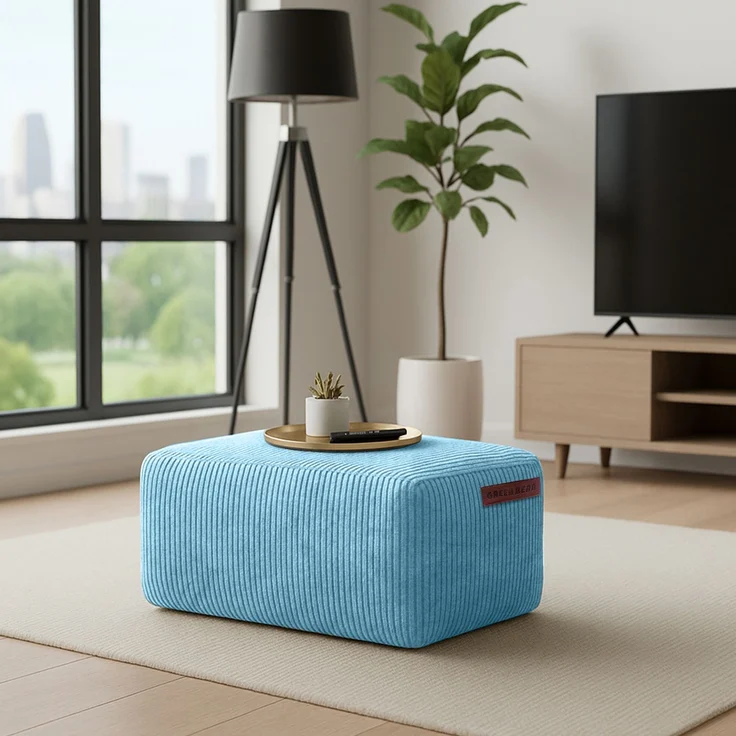 Green Bean® Indoor Sitzhocker Pouf 70x33x28cm EPS-Perlen Füllung & Cordstoff Kuschelig Weich Waschbar - Drinnen Bodenkissen Liegekissen Sitzkissen Sitzhocker Relax-Sessel Kinder Erwachsene Stoff Hellblau – Bild 2