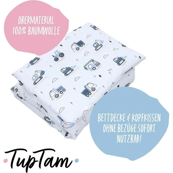 TupTam Kinderbettdecke-Set, Ganzjahresdecke, 2tlg., 1x Bettdecke, 1x Flachkissen, Baufahrzeuge / Bagger / Blau / Hellgrau, 135x100 cm – Bild 2