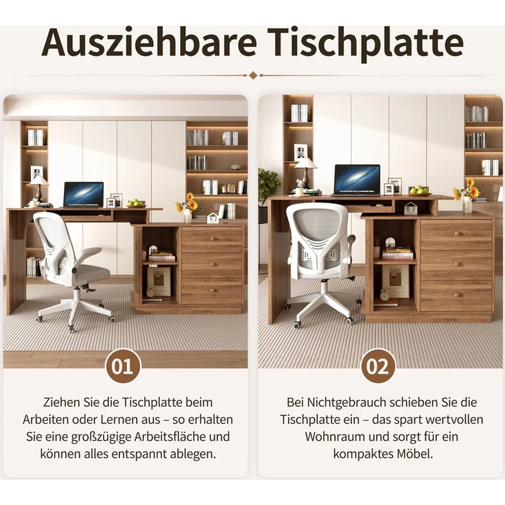 Moderner ausziehbarer Multifunktions-Computertisch mit ausziehbarer Platte, Tastaturauszug, offenen Fächern & Staurschrank mit 3 Schubladen, Schreibtisch für Heimstudium & Heimoffice--Nussbaum--76x40x75.5cm--YOUDENOVA – Bild 7