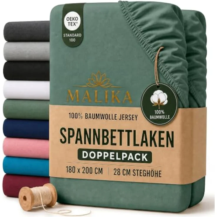 MALIKA® Spannbettlaken Doppelpack 90x200cm - 100x200cm, Baumwolle Jersey, perfekte Passform bis 28 cm Matratzenhöhe, Oeko-Tex zertifiziert – Bild 1