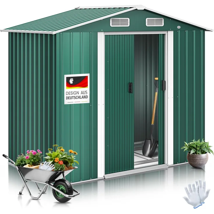 KESSER® XL Metall Gerätehaus 4,2m³ mit Fundament | inkl. Arbeitshandschuhe | 195 x 131 x 186 | 2x Schiebetür & Fundament | Geräteschuppen | Gartenhaus Schrank | Satteldachdach Garten Schuppen Grün