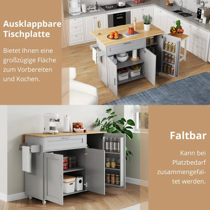 Küchenwagen klappbare Arbeitsplatte Eichenoptik MDF Stauraum Servierwagen mobil Küche Esszimmer,Grau – Bild 6