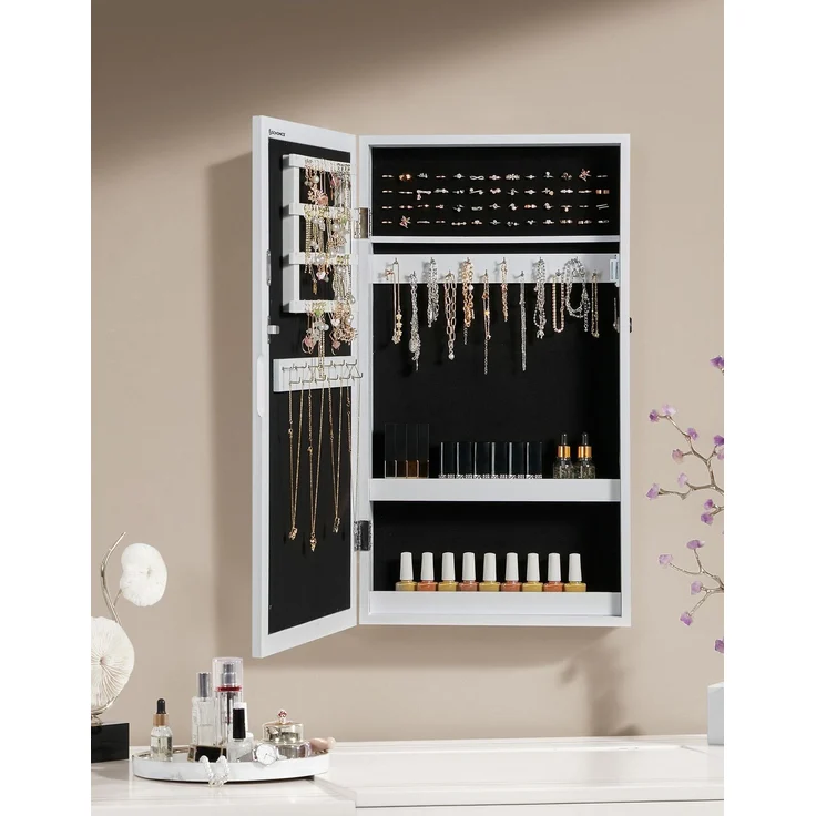 Songmics Schmuckschrank zur Wandmontage und abschließbarer, JBC51W, Holz weiß, 67 x 10 x 37 cm – Bild 1