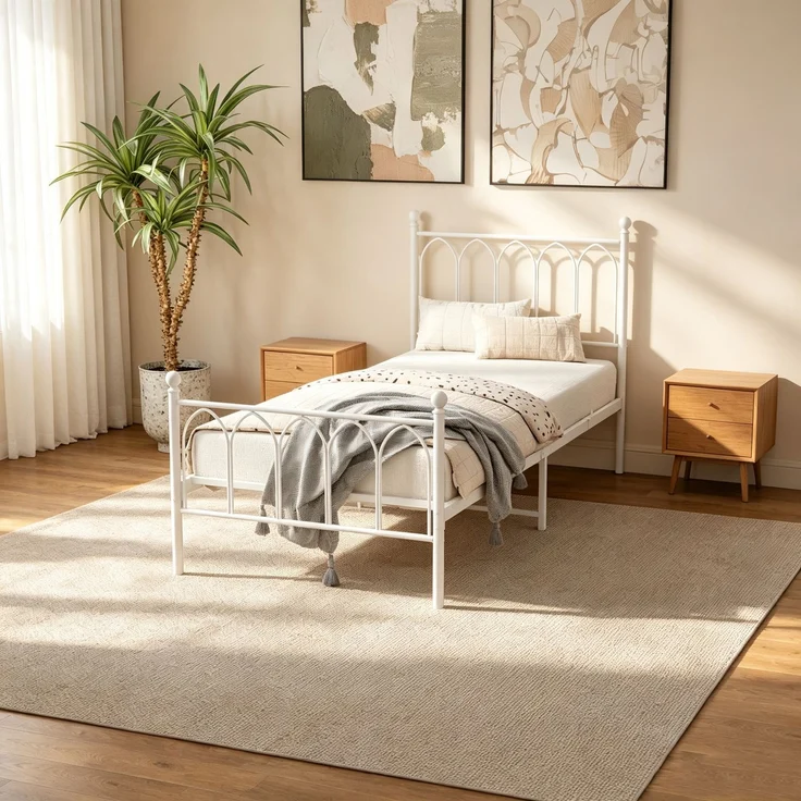 Metallbett 90x200 cm mit 15 cm Matratze, Industrial-Design, verziertes Kopfteil, Weiß – Bild 1
