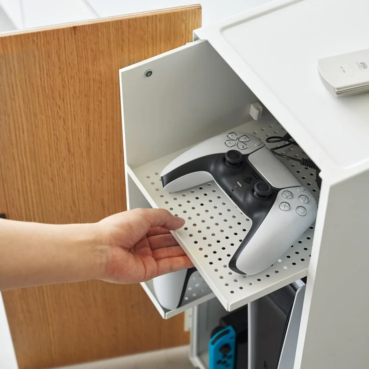 Yamazaki Beistellschrank Tower Schrank Metall für Spielekonsole für Wohnzimmer Büro zur Organisation von Konsolen, 2 ausziehbare Controllerhalter – Bild 8