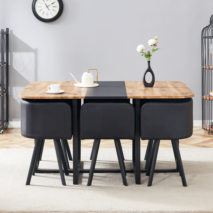 Esstischgruppe ausziehbar für 4-6 Personen mit 6 Stühlen, MDF in Holzmaserung und schwarzem Metallgestell,H 79 x T 150 x B 100 cm – Bild 3