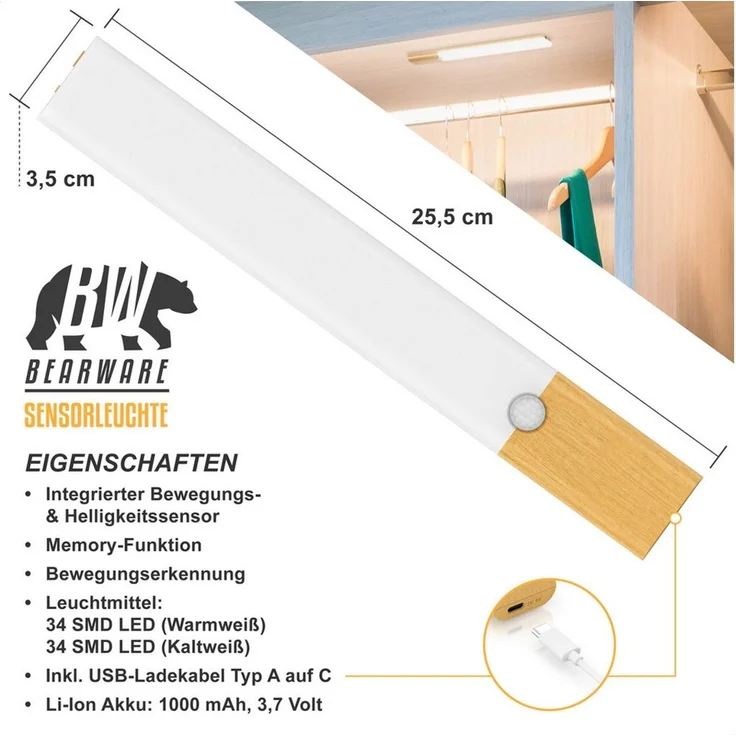 BEARWARE Unterschrankleuchte Schranklicht mit Bewegungsmelder, Akku, 3 Farbtemperaturen, dimmbar, stufenlos dimmbar, Memory-Funktion, 3 Lichtfarben, LED fest integriert, warmweiß, neutralweiß, kaltweiß, 1000 mAh, USB-C, Magnetbefestigung, PIR 120°, 4 m... – Bild 2