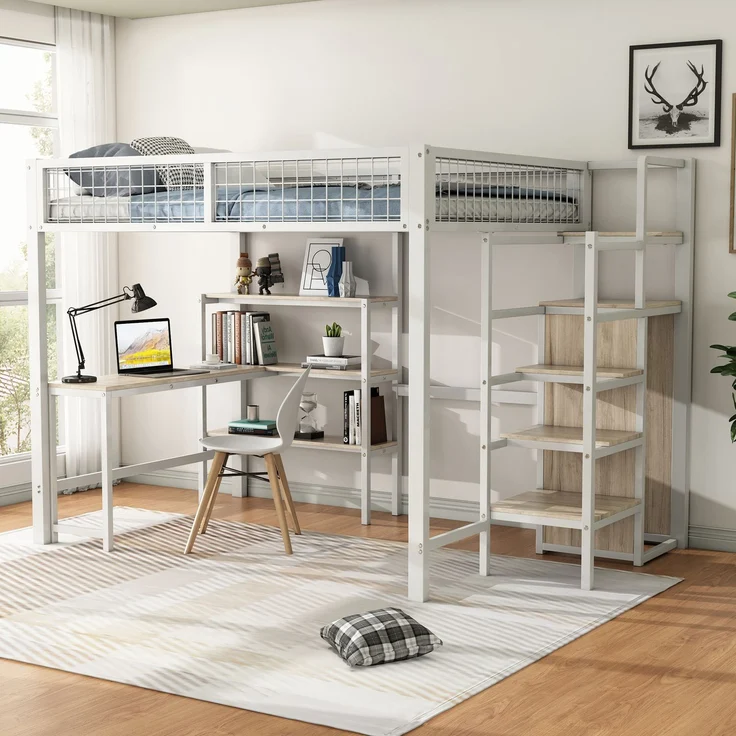 Hochbett, 140*200 cm, Eisenbett, Ablageleiter, mehrere Regale, Ohne Matratze, Einbauschrank, Schreibtisch, Weiß – Bild 2