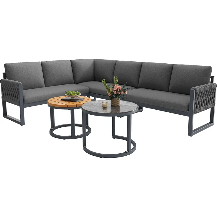 Merax Gartenlounge-Set, 6-Sitzer Gartenmöbel-Set Sitzgruppe mit 2 stapelbaren Couchtische, grau – Bild 10