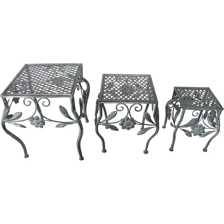 Hocker Set 3tlg. Gartendekoration Eisenhocker Pflanzenständer Blumenhocker Grau Antik