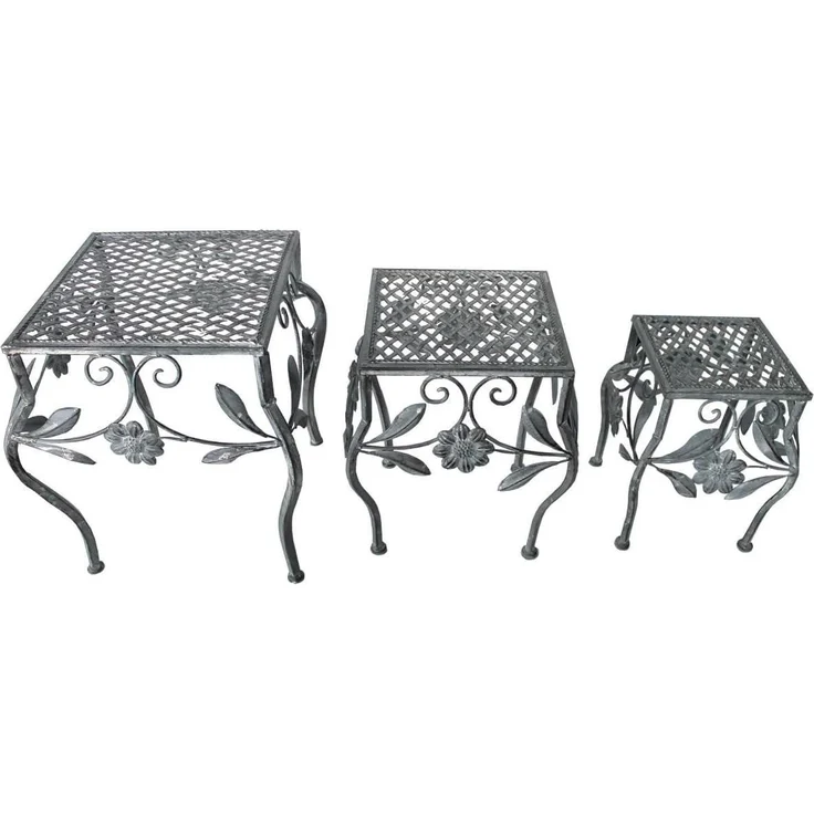 Hocker Set 3tlg. Gartendekoration Eisenhocker Pflanzenständer Blumenhocker Grau Antik