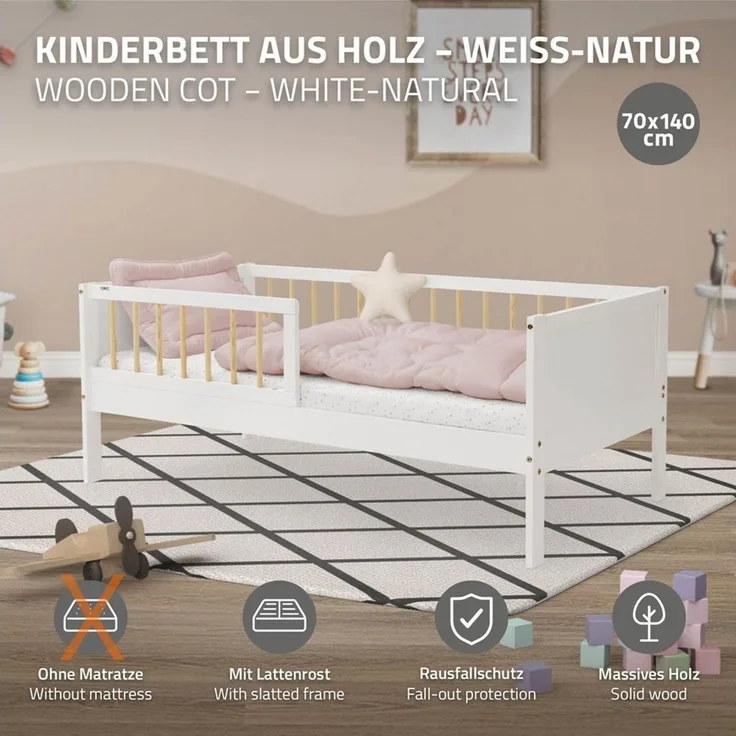 ML-DESIGN Kinderbett Bodenbett Juniorbett inkl. Lattenrost Einzelbett für Kinder Jugendbett, Junior-Bett mit Rausfallschutz Bettrahmen aus MDF / Kiefer