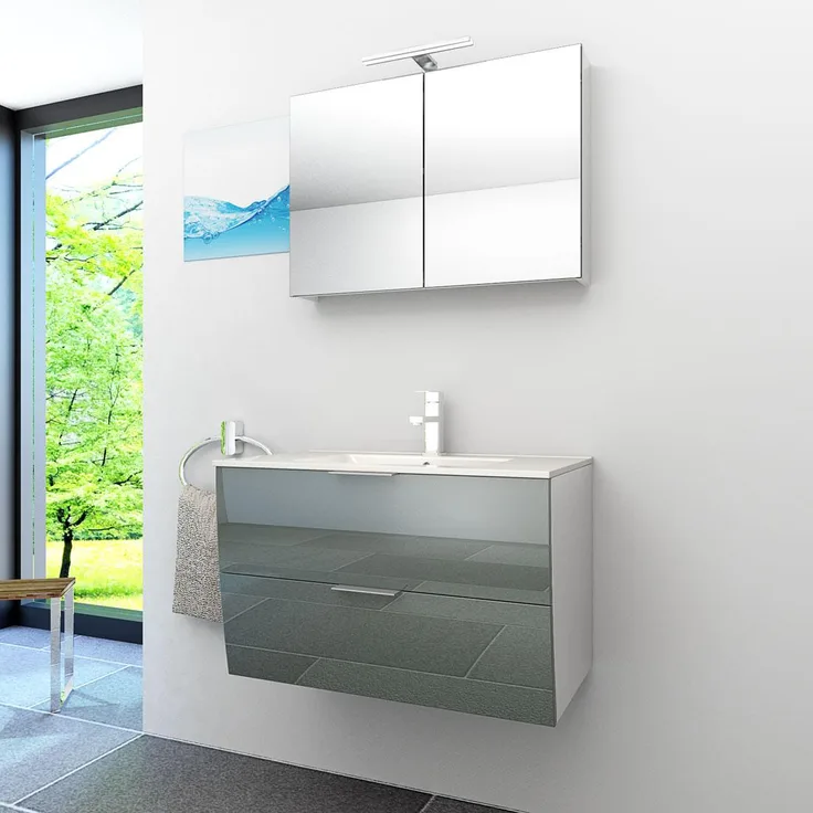 Badmöbel Set Gently 2 V1 Weiß/Grau MDF Waschtisch 80cm mit 5W LED-Strahler