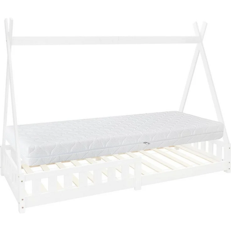 ML-DESIGN Spielbett Hausbett Tipi Zeltbett inkl. Lattenrost Bodenbett Kinder Himmelbett, Abenteuerbett mit Rausfallschutz Zelt Bett Kiefer Weiß Kinderhaus – Bild 1