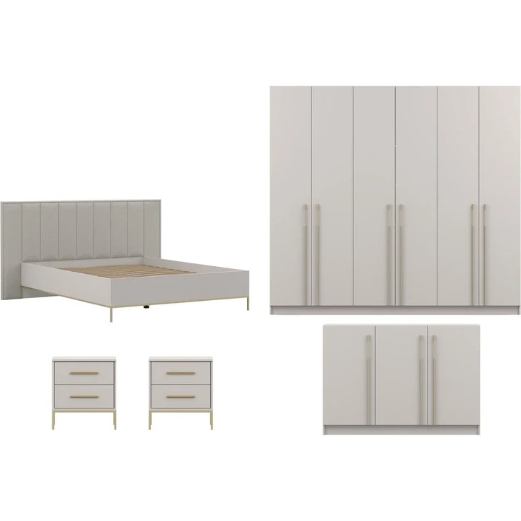 Deine Möbel 24 Komplettschlafzimmer E MIRELO, Möbel-Set Schlafzimmer - Set MIRELO-Kollektion, (Set, 5-tlg, in Kaschmir, mit goldfarbenen Griffen und Füßen), Bett, Kleiderschrank 4-türig / 6-türig, Kommode & 2 Nachttischen – Bild 1