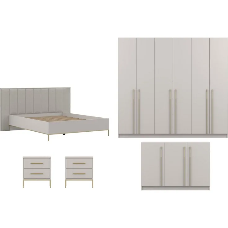 Deine Möbel 24 Komplettschlafzimmer E MIRELO, Möbel-Set Schlafzimmer - Set MIRELO-Kollektion, (Set, 5-tlg, in Kaschmir, mit goldfarbenen Griffen und Füßen), Bett, Kleiderschrank 4-türig / 6-türig, Kommode & 2 Nachttischen
