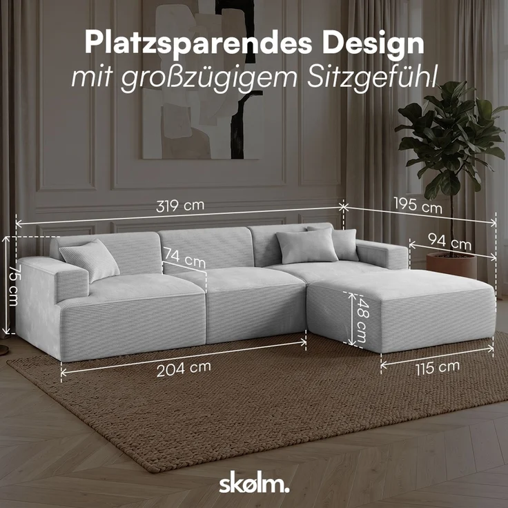 skølm 'Freki' Cloud Sofa 3 Sitzer mit Hocker, Vollschaumcouch mit Federkern und Vakuum-Kompression, kein Aufbau erforderlich, mit 3 Kissen, Cord grau – Bild 9