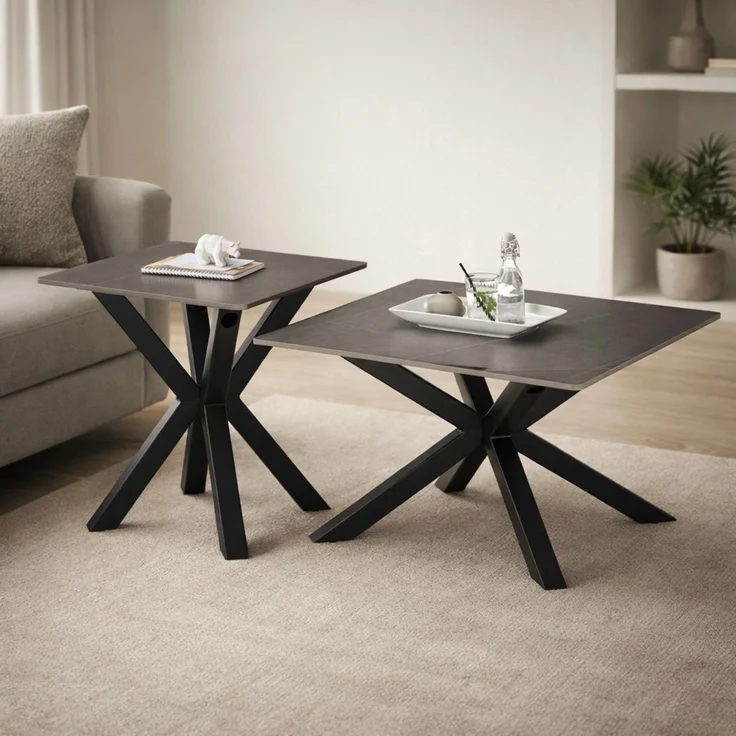Couchtisch >Janin< (2er-Set) Steinoptik-grau / schwarz- 80x45x80 / 55x55x55 (B/H/T) – Bild 2