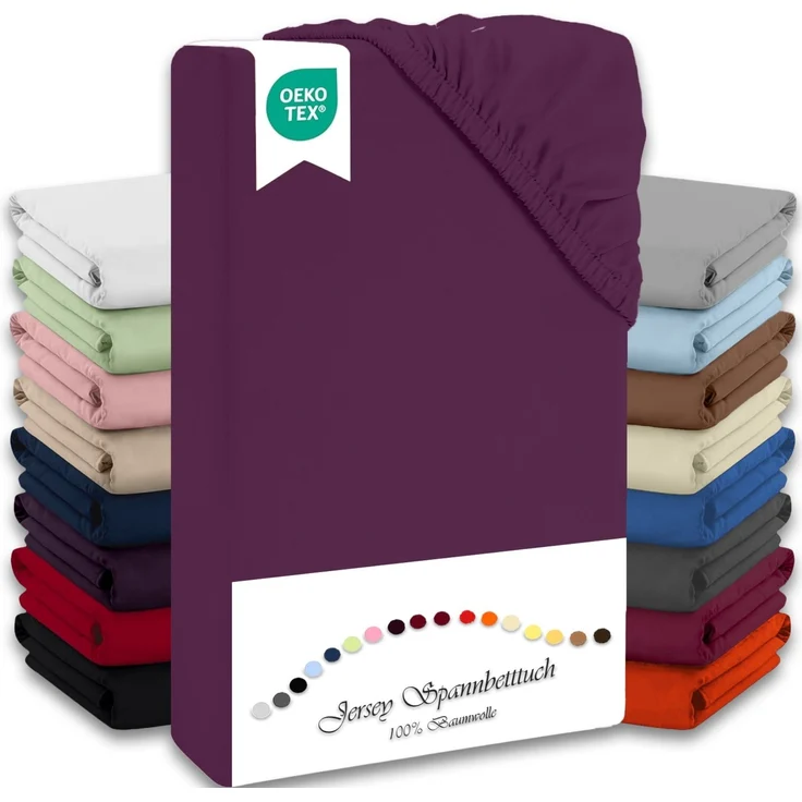 Jersey Spannbettlaken Spannbettuch 90-100x190-200cm 100% Baumwolle Aubergine – Bild 1