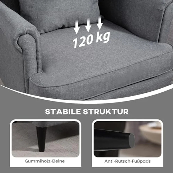 HOMCOM Relaxsessel Ohrensessel mit Hocker, Polsterstuhl mit Liegefunktion (Polstersessel mit hoher Rückenlehne aus Stoff, 2-St, TV-Sessel für Schlafzimmer, Wohnzimmer), 83 x 75 x 104 cm, Grau – Bild 6