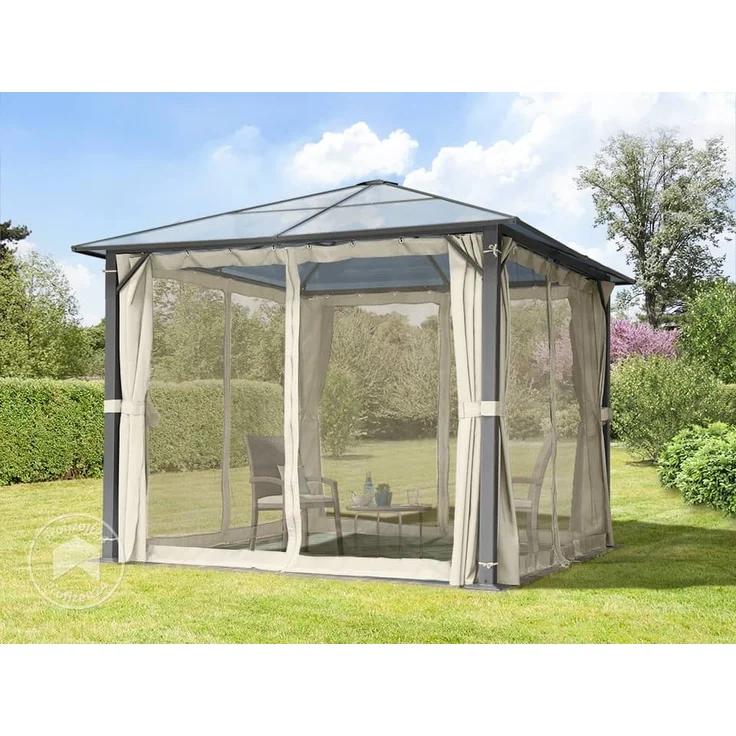 TOOLPORT Gartenpavillon 3x3 m Polycarbonat Dach ca. 6 mm - Hardtop Pavillon mit 4 Seitenteilen und Moskitonetzen in crème – Bild 4
