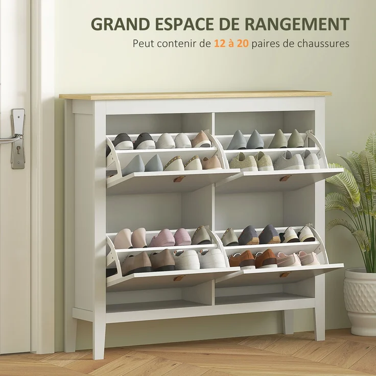 Schuhschrank für 20 Paar Schuhe mit 4 Schubladen, Klapptüren, herausnehmbaren und verstellbaren Einlegeböden, weiß – Bild 6