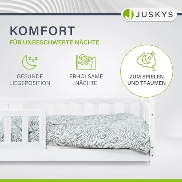 Juskys Kinderbett Marli 90 x 200 cm mit Matratze, Rausfallschutz, Lattenrost & Dach - Massivholz Hausbett für Kinder - Bett in Weiß – Bild 8