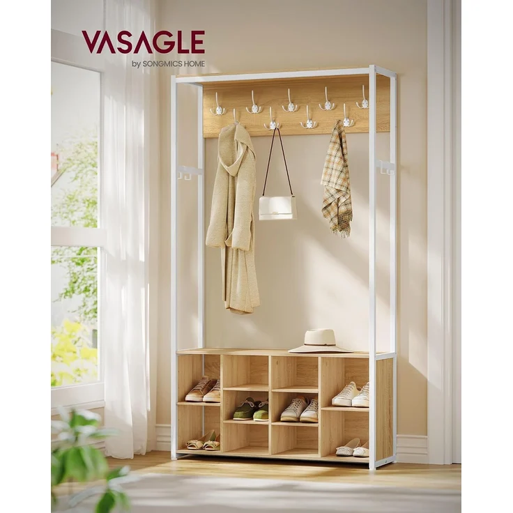VASAGLE Kleiderständer, Garderobe mit Schuhregal, mit Haken und verstellbaren Ablagen, Industrie-Stil, goldeichenfarben-weiß – Bild 2