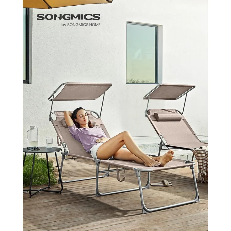 Songmics Sonnenliege mit Sonnenschutz, Kopfstütze & verstellbarer Rückenlehne, klappbar, 200 x 71 x 38 cm, Taupe – Bild 1
