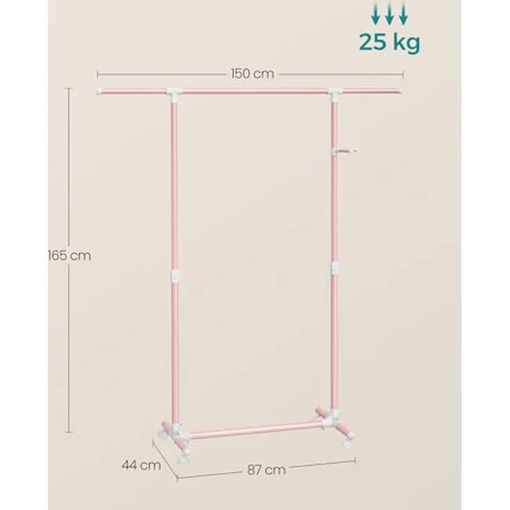 SONGMICS Kleiderständer auf Rollen, Kleiderstange, höhenverstellbar zwischen 97 und 165 cm, ausziehbare Garderobenstange, Garderobenständer, seitliche Haken für Accessoires, pastellrosa LLR001R02 – Bild 6