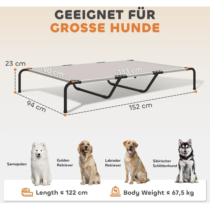 PawHut Erhöhtes Hundebett, Stahl, Texteline, Beige, 152L x 94B x 23H cm – Bild 3
