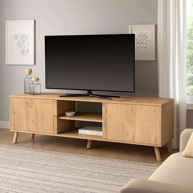 Muebles Pitarch | TV-Schrank mit Beinen, 2 Türen und Regal, industrieller Fernsehschrank, Eiche Gold, 55 x 160 x 40 cm, Wohnzimmermodul, Modern, Modell Oslo – Bild 8