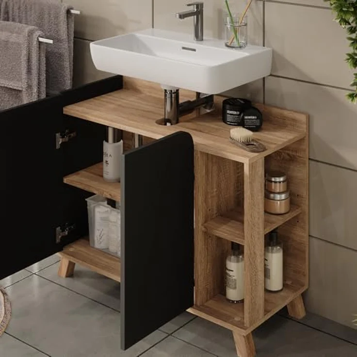 Vichy Badmöbelset Karen, 3-teilig, mit Waschbeckenunterschrank und Spiegelschrank, Sonoma/Anthrazit, robuste Verarbeitung – Bild 4