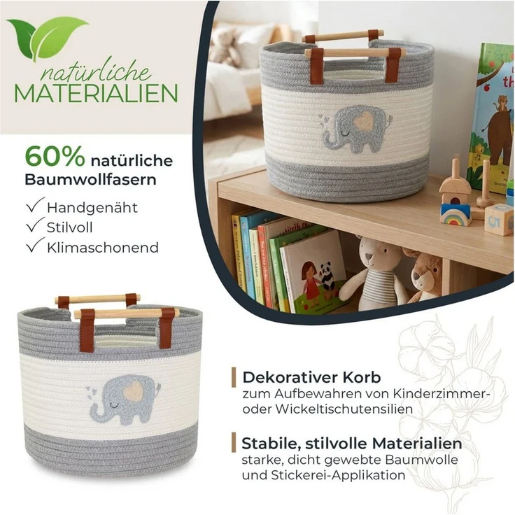 HMF Aufbewahrungskorb Aufbewahrungskorb mit Holzgriffen, runder Korb, Baumwolle für Kinderzimmer oder Babyzimmer, Elefant, 30 x 30 x 24 cm – Bild 2
