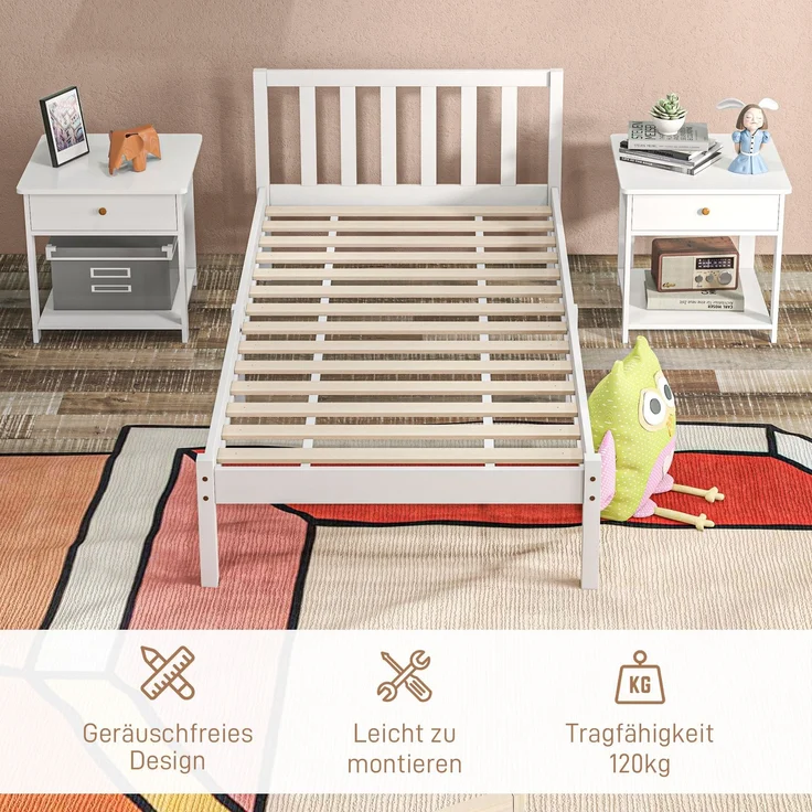 Einzelbettgestell, Kopfteil & Lattenrost, 26cm Freiraum unter Bett, Kiefernholz, 208x96x70 cm, Weiß--Weiß--208x96x70cm--YOUDENOVA – Bild 7
