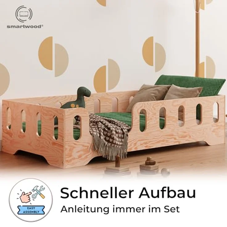 smartwood Bodenbett 90x200 Montessori Kinderbett aus Holz mit FSC-Zertifikat TILA 2L mit Rausfallschutz & Lattenrost bis 230kg belastbar - Einfache Montage – Bild 5