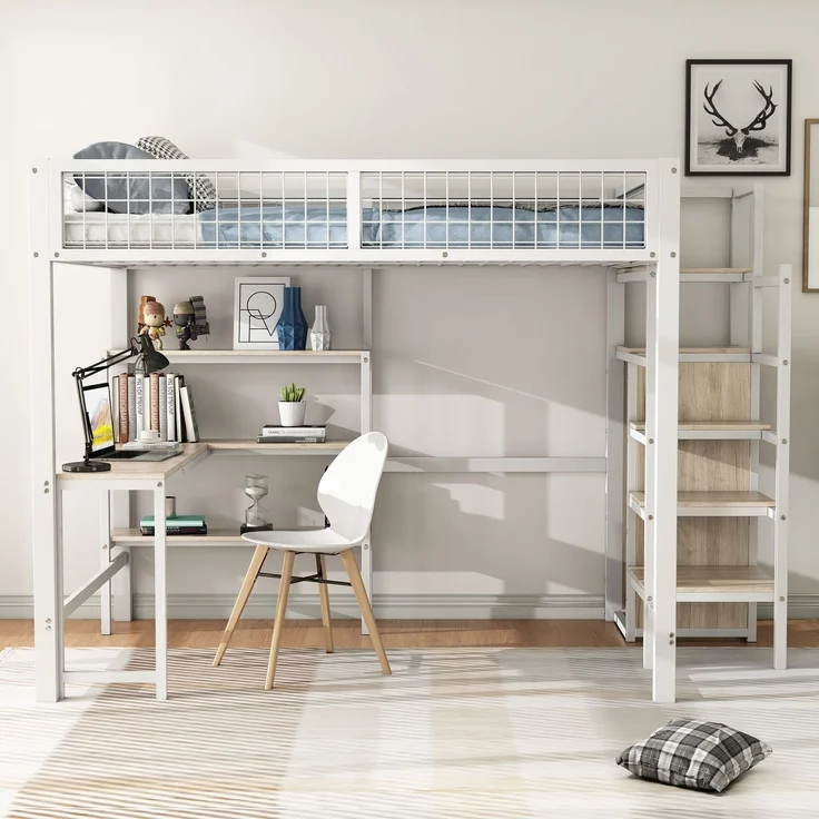 Hochbett, 140*200 cm, Eisenbett, Ablageleiter, mehrere Regale, Ohne Matratze, Einbauschrank, Schreibtisch, Weiß – Bild 4