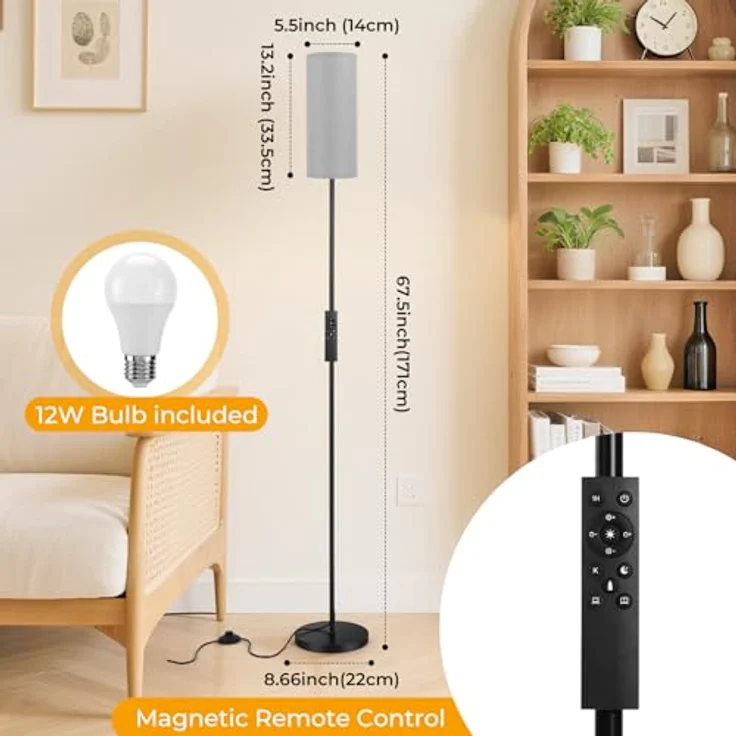 YICAIZI LED Stehlampe Wohnzimmer Dimmbar, 171.5cm Moderne Stehleuchte inklusive 12W E27 Glühbirne, 3 Farbtemperaturen, Grauer Lampenschirm, Fernbedienung und Fußschalte (Grau) – Bild 7