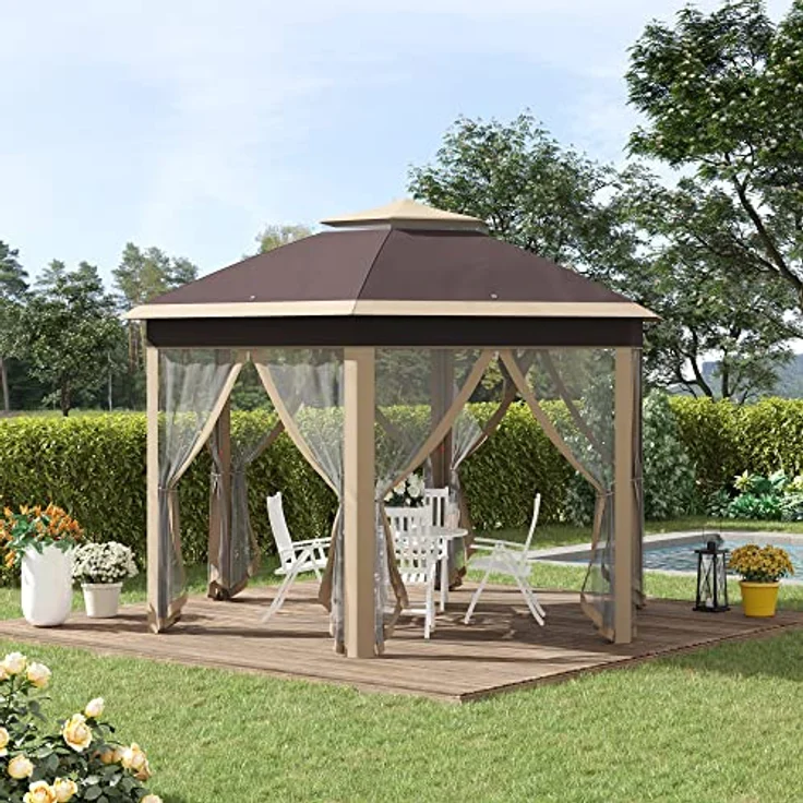 Outsunny Gartenpavillon Faltpavillon 4 x 4 m Pop-Up-Zelt mit 6 Seitenteilen und Doppeldach, sechseckig, Khaki, inkl. Tragetasche – Bild 2